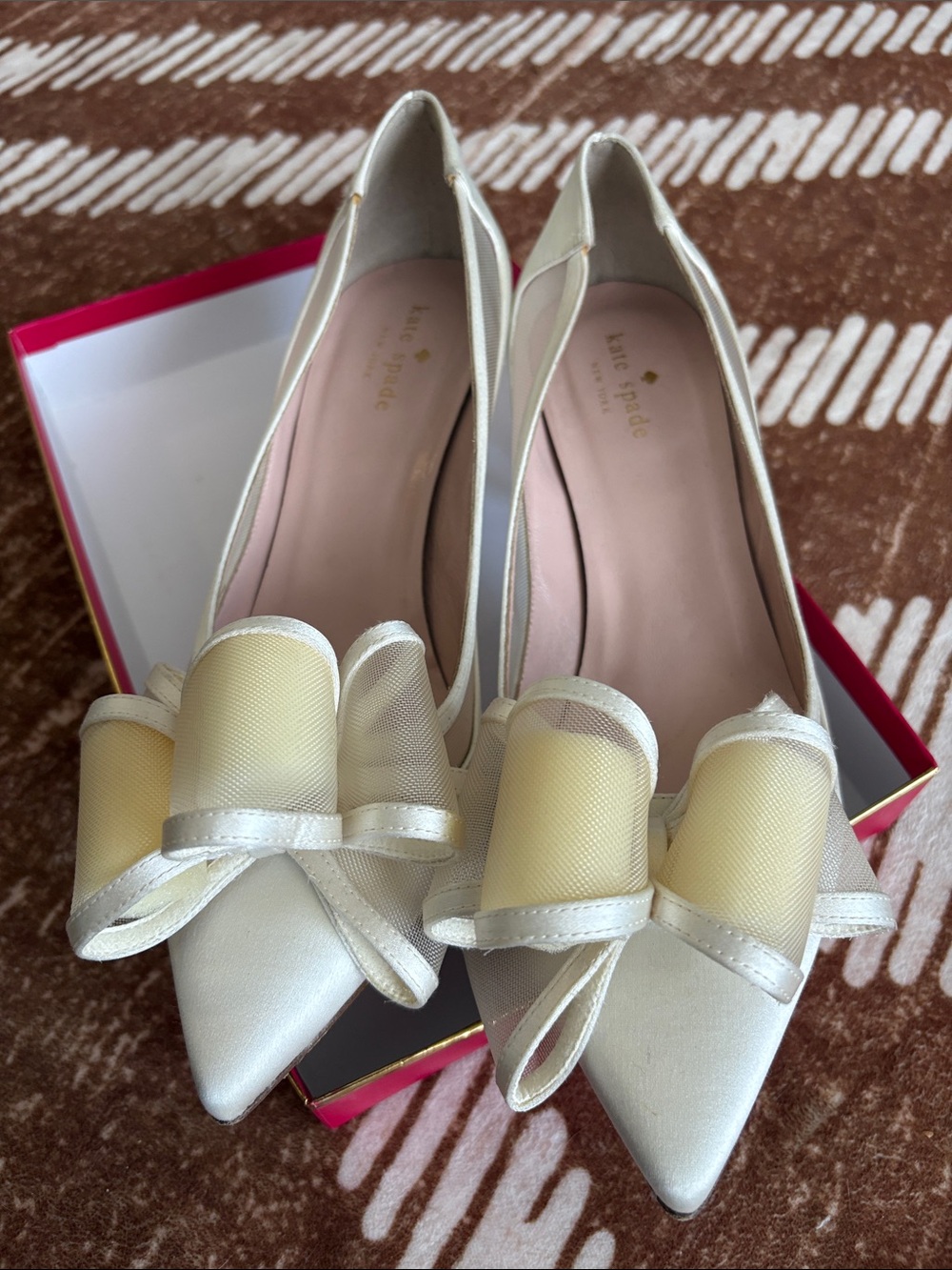 kate spade Ivory Satin Pointed Toe Bow Heel Pumps